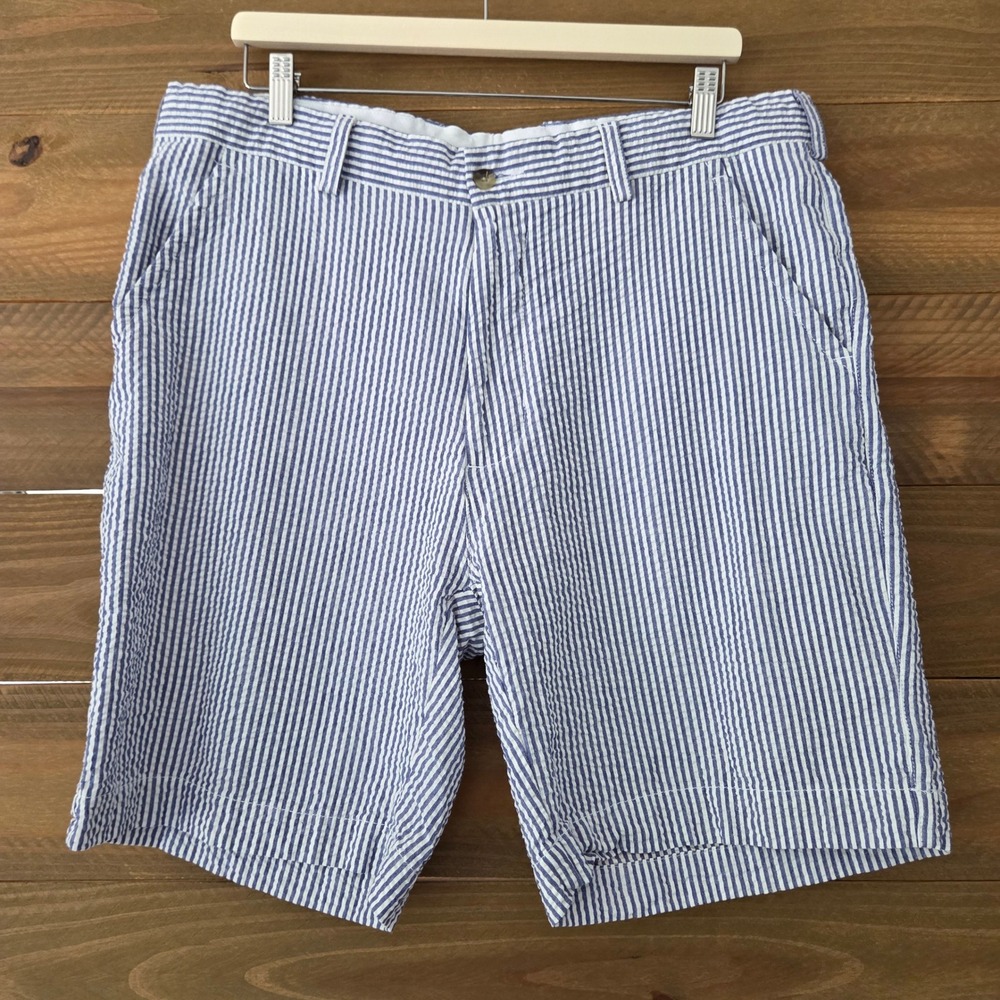 Alan Flusser Seersucker Shorts Blue White Striped Cotton Mens 38